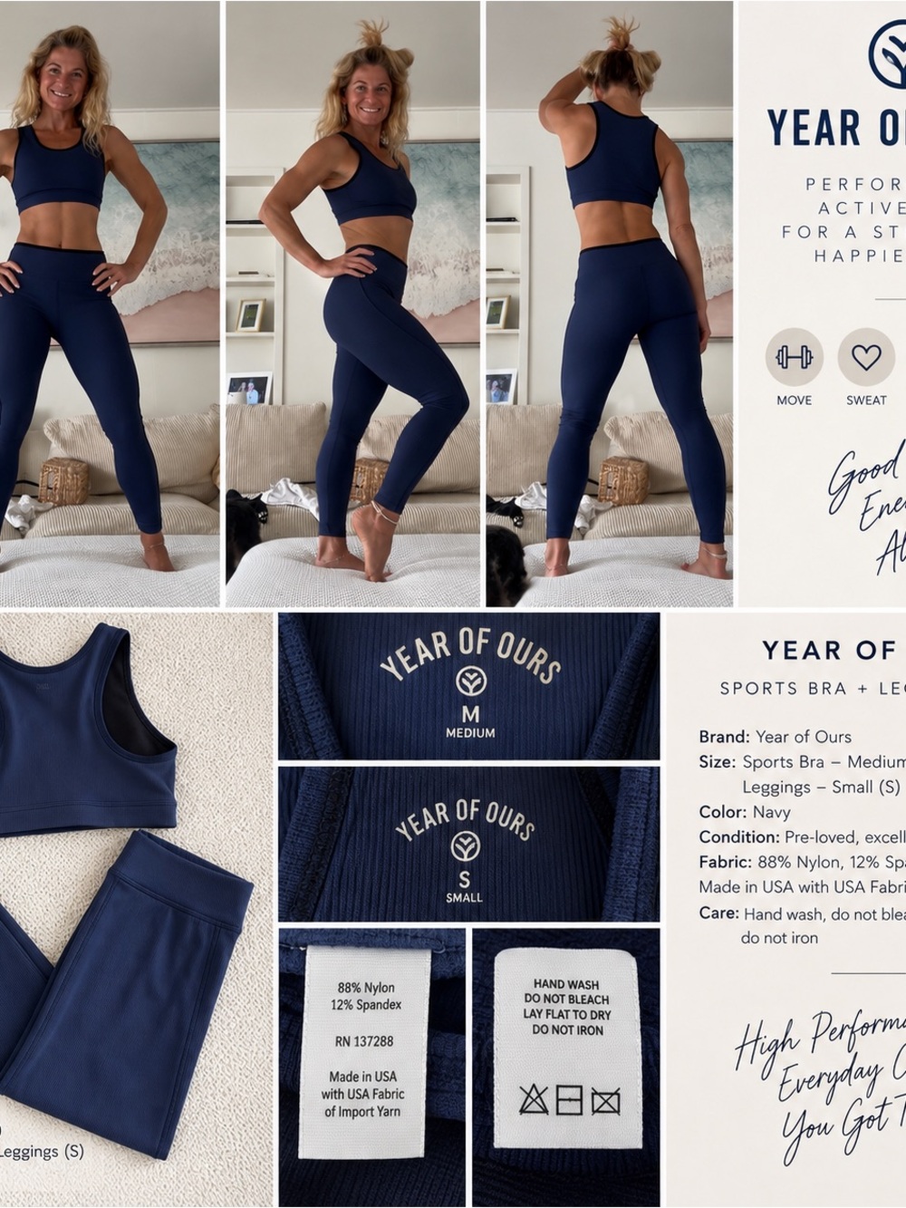 Year of Ours Navy Ribbed Sports Bra and High-Waist Leggings Set